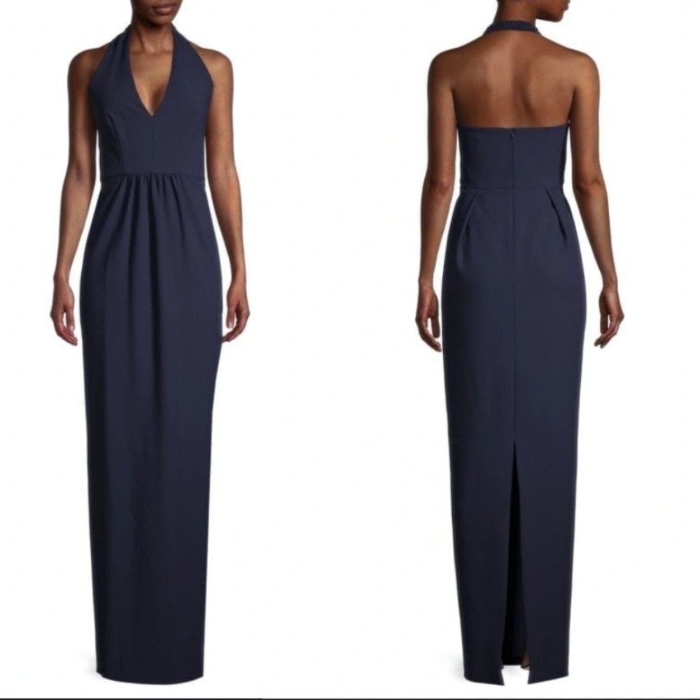 Black Halo Eve NWT Nixie Halter V-Neck Sheath Gown Navy Blue Size 4 Women's